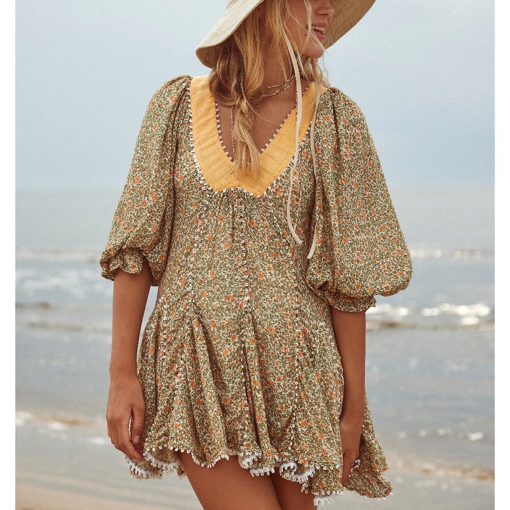 Free People Floral Mini Dress in Olive Green and Mustard - Picture 6 of 10
